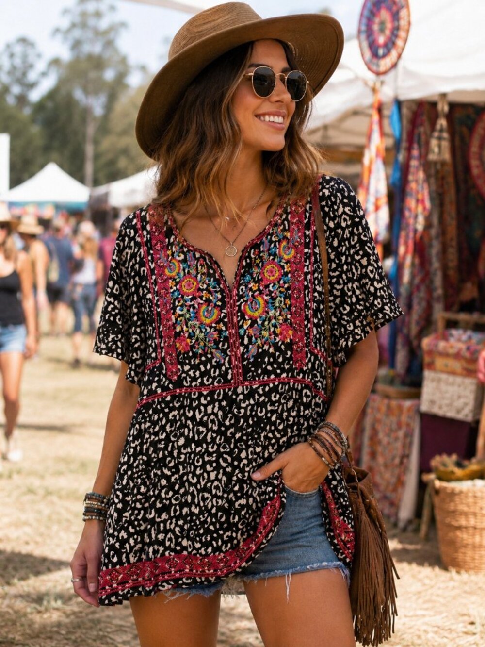 Savanna Jane Embroidered Boho Tunic Blouse Black White Floral Rayon Top Sz Large